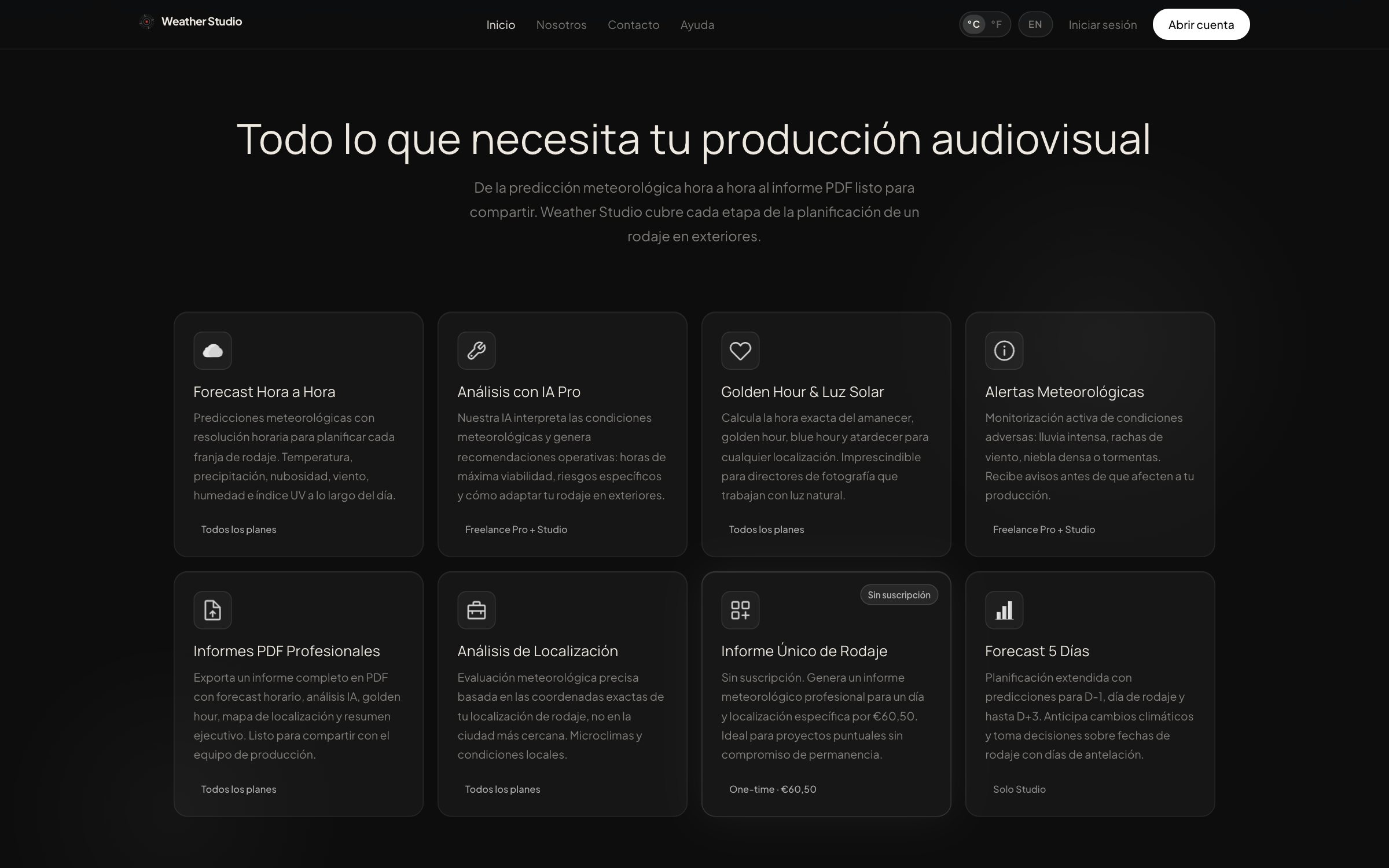 Funcionalidades de Weather Studio — forecast, IA, golden hour, alertas