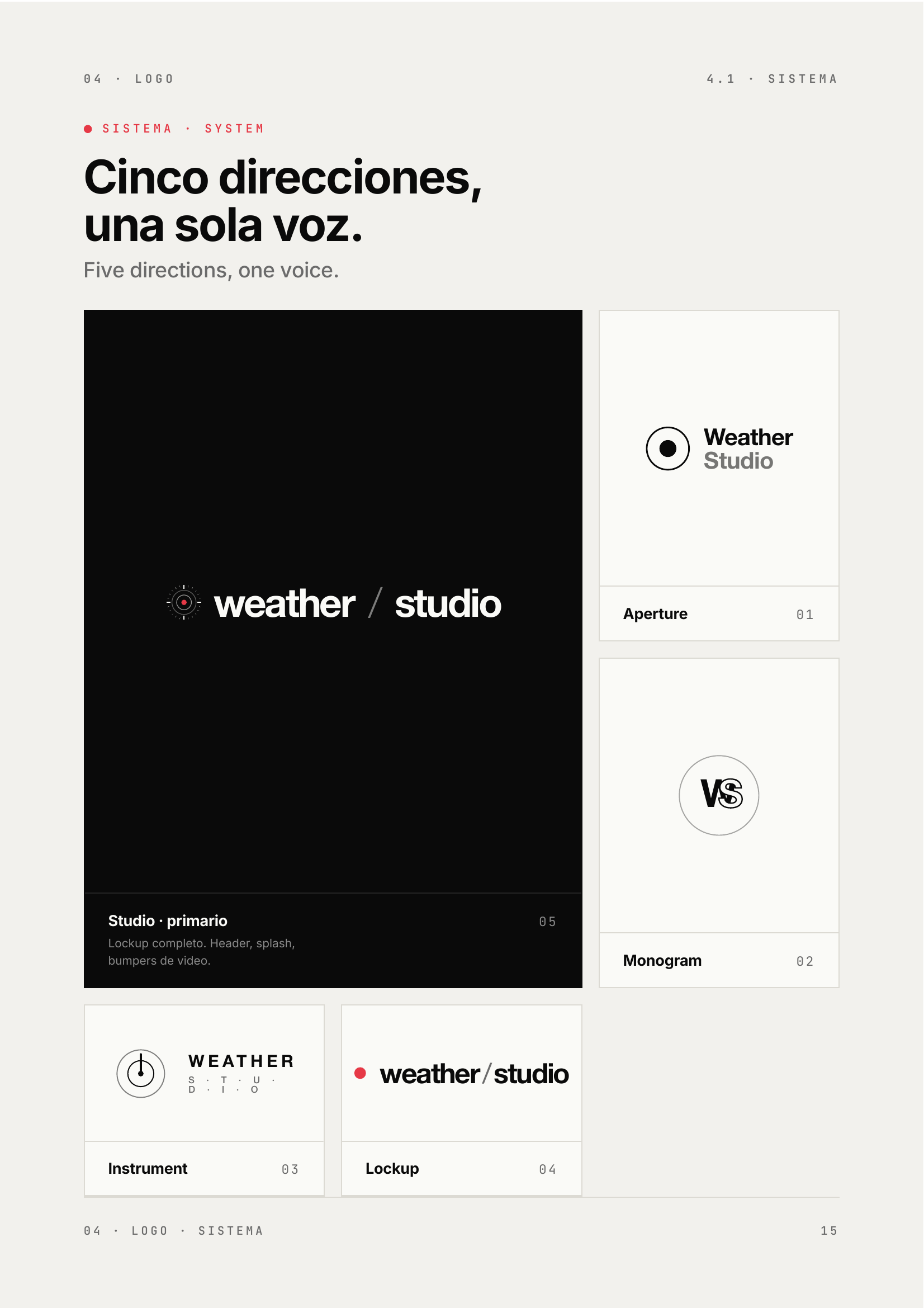 Sistema de logo Weather Studio: aperture, monograma, instrument y lockup