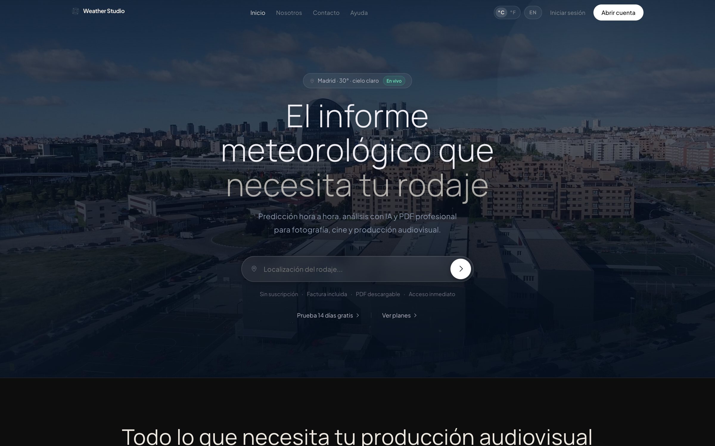 Web de Weather Studio — informe meteorológico para rodajes